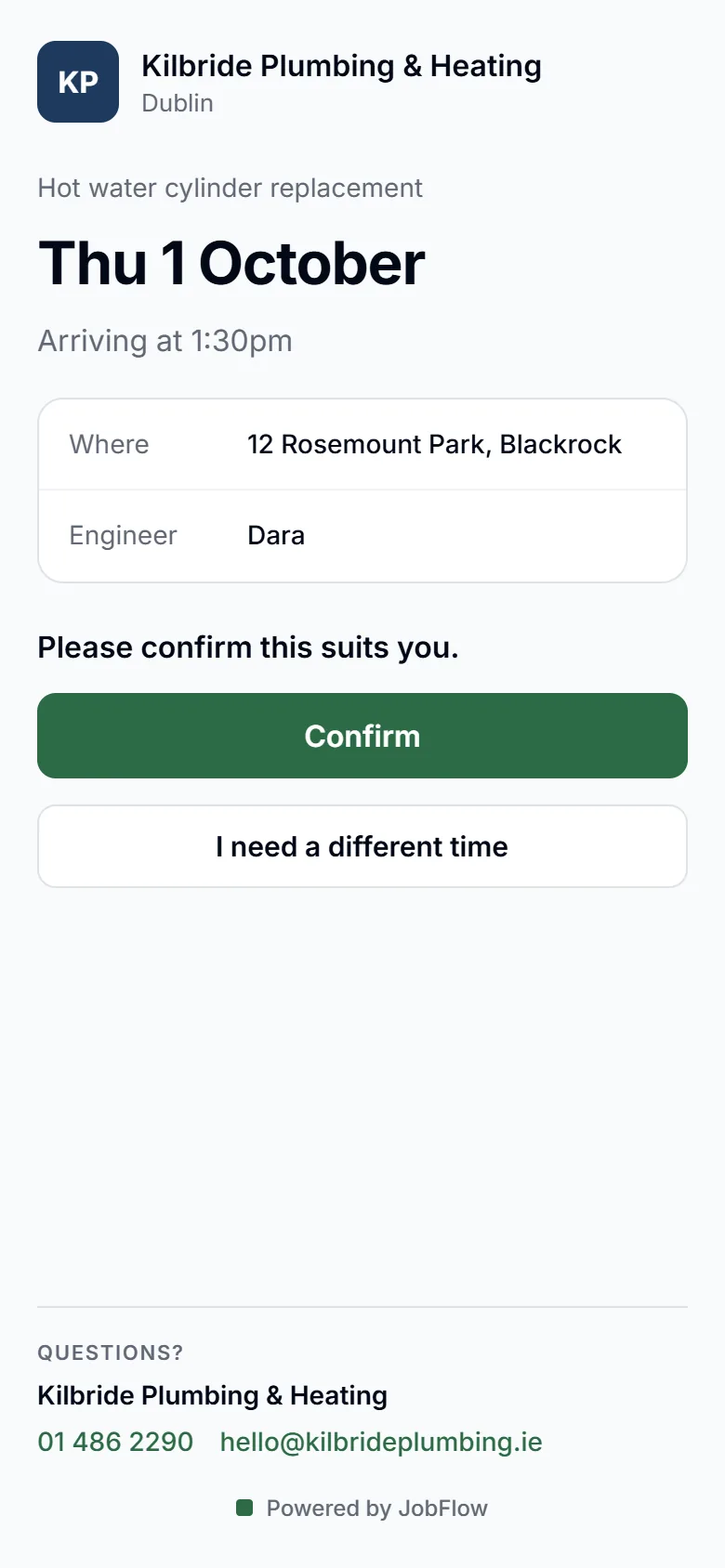 Customer's booking page with the visit time, the engineer's name and a one-tap Confirm button