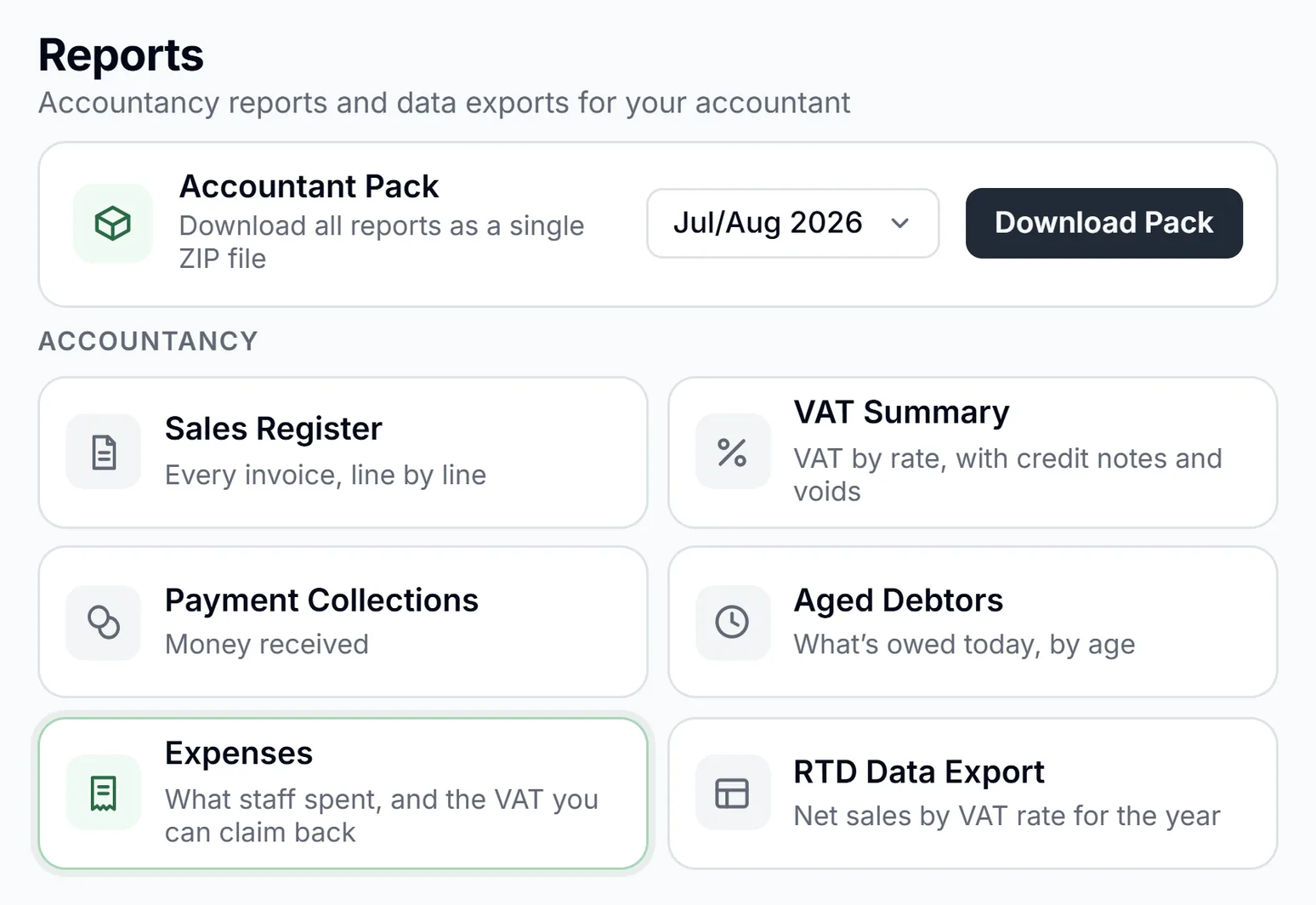 Reports page with the one-click Accountant Pack, VAT summary, RTD export and expenses report