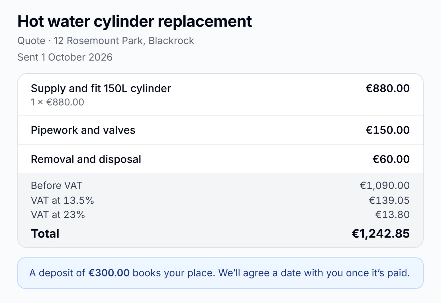 Customer view of a branded quote with online acceptance and deposit payment button